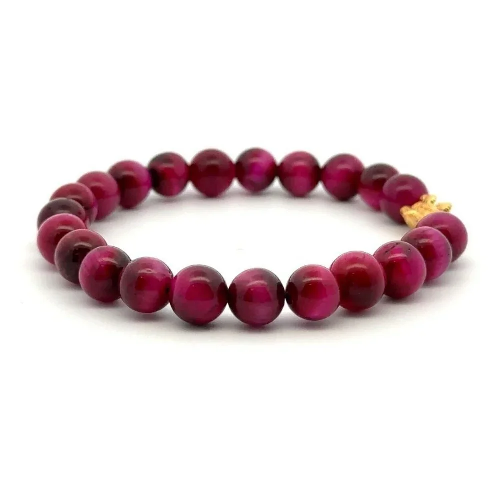 Dyed Tiger's Eye Magenta Stretchable Bracelet Size 7.5 w/ 24K Gold Dragon - Picture 8 of 8
